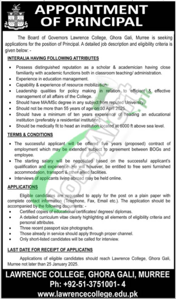 Apply for Lawrence College Murree Jobs 2025 Ghora Gali: Latest Advertisement